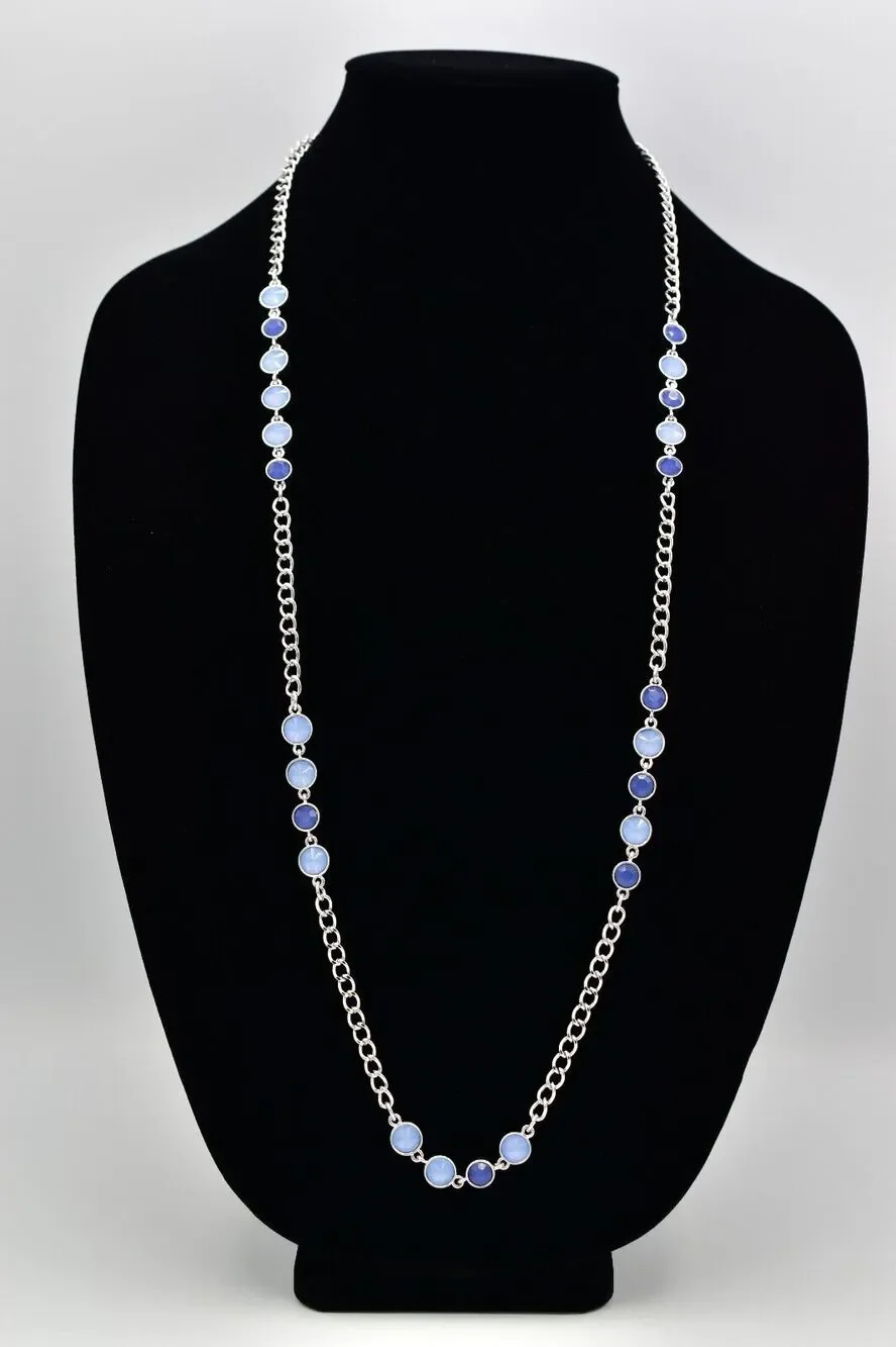 Vintage Station Chain Necklace Sky Blue Crystal Silver Tone Long Y2K BinBJ